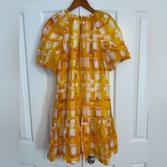 Marie Oliver Greta Puff Sleeves Golden Madras Mini Dress Sz Large - Picture 12 of 14